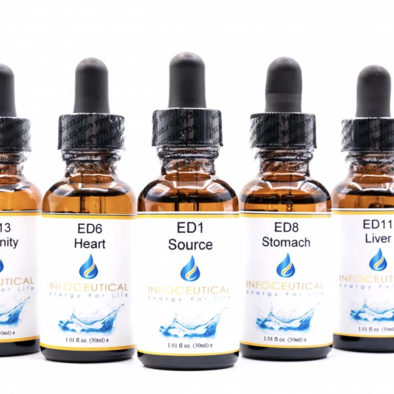 Bottles of infoceuticals, showcasing a selection of liquid supplements designed to support and enhance various aspects of health and well-being a main factor in Bioenergetic Health Coaching